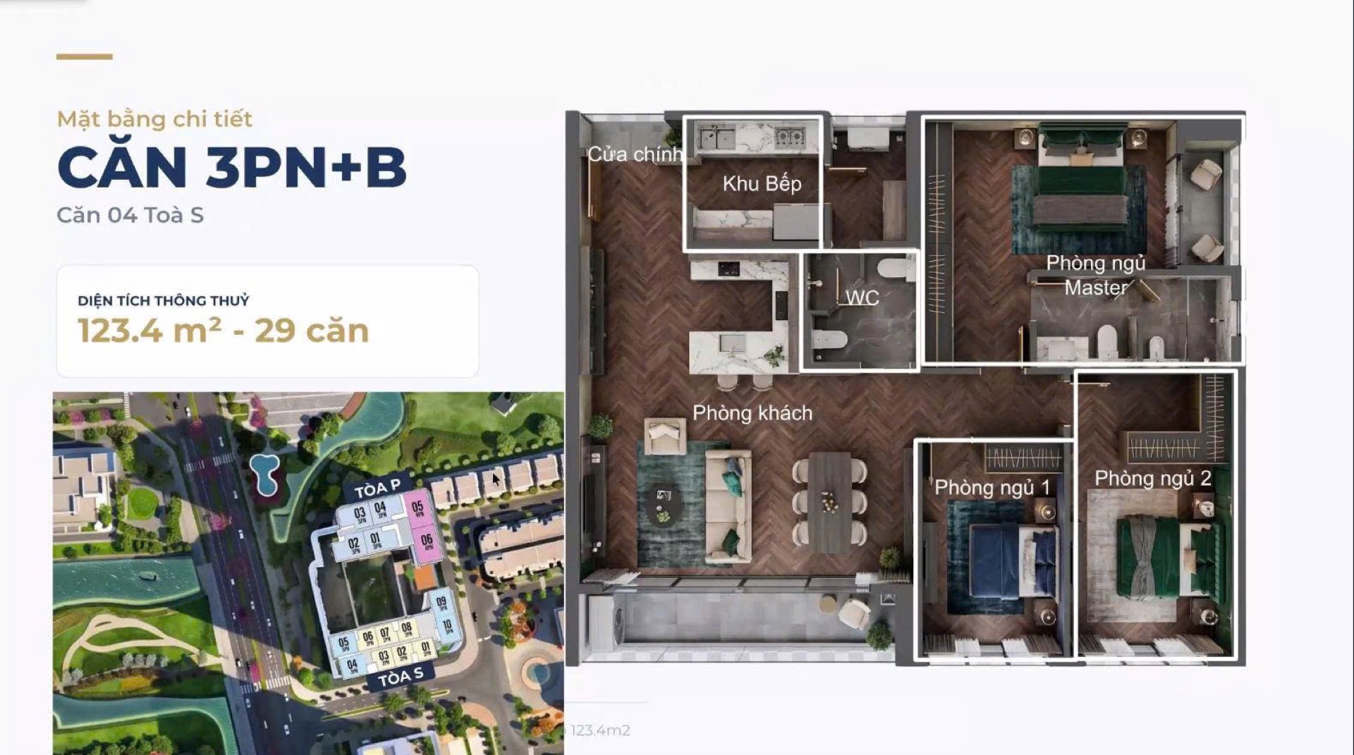 Mặt bằng căn hộ 3PN+B 123,4 m2 Maison Privée