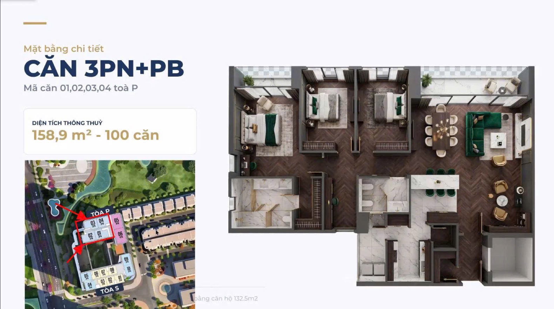 Mặt bằng căn hộ 3PN+PB 158,9 m2 Maison Privée