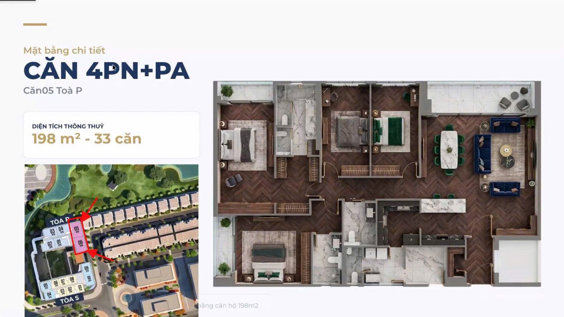 Mặt bằng căn hộ 4PN+PA 198 m2 Maison Privée